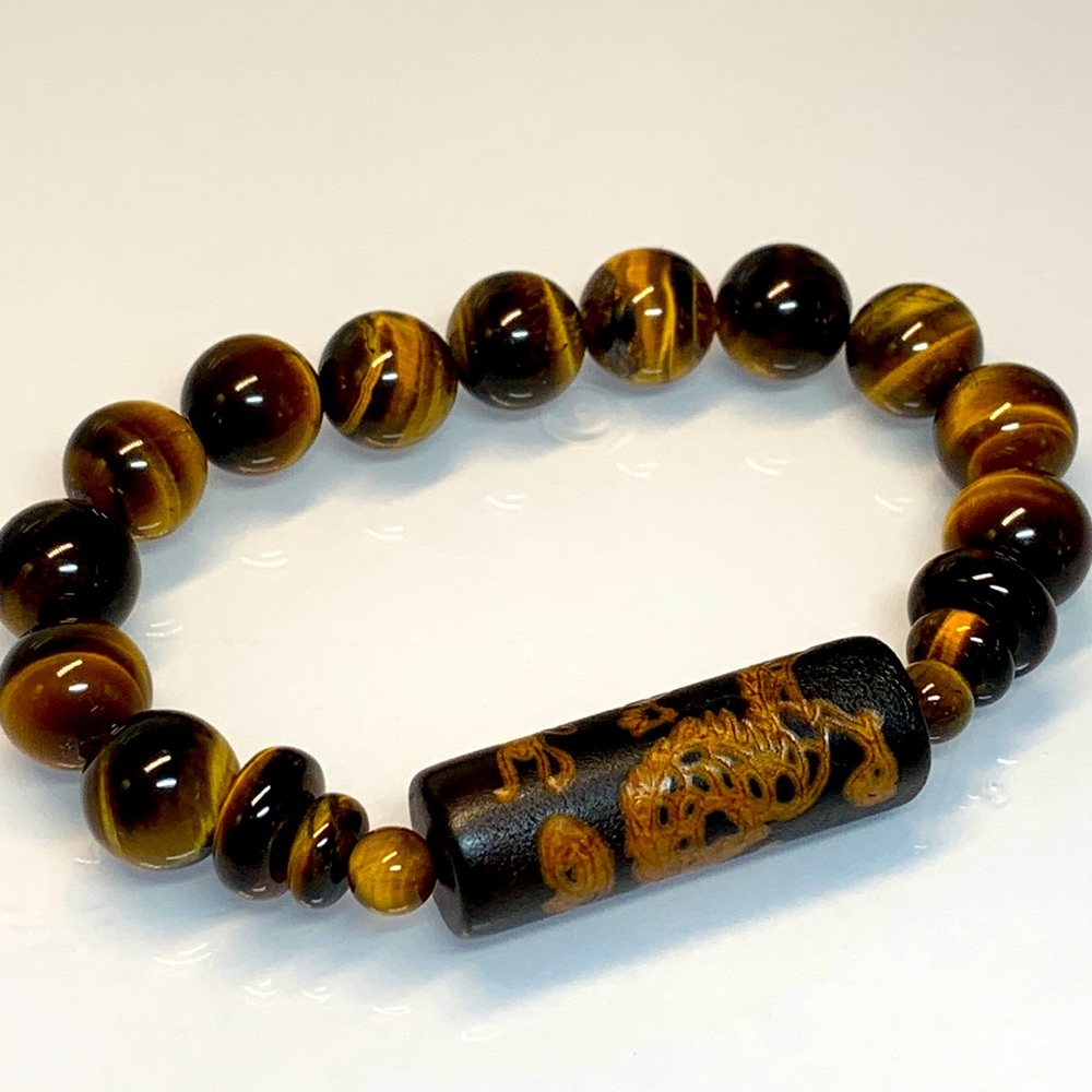 TIGERS EYE + TIBETAN TUBE STONES  NATURAL BRACELET size 20cm